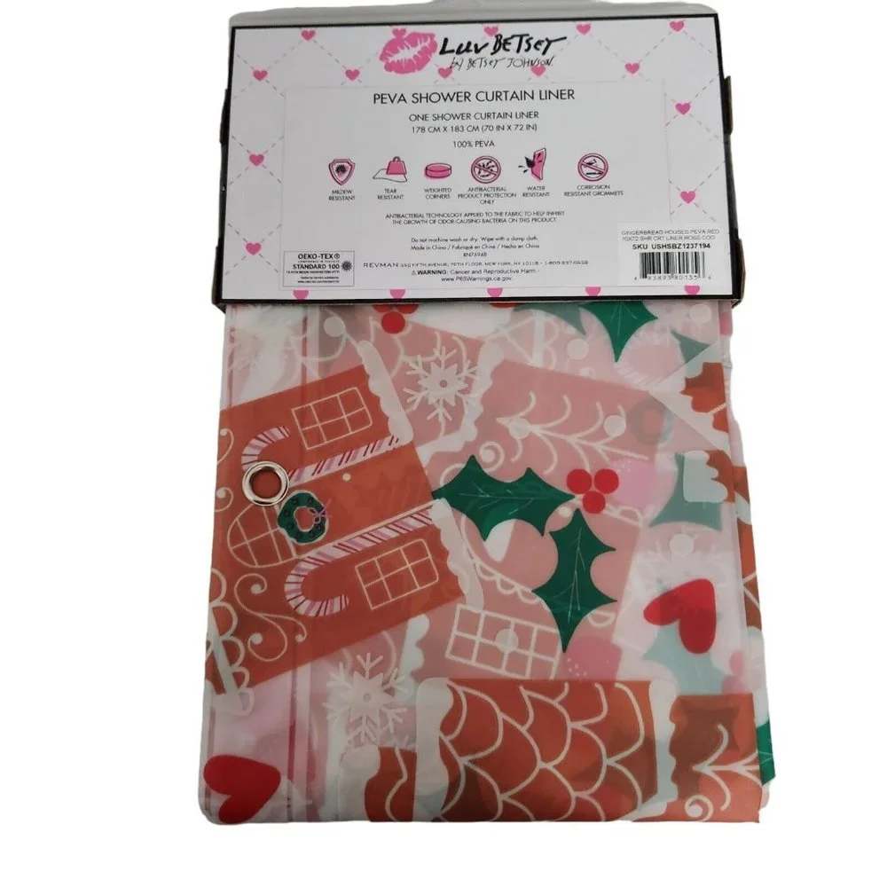 LUV Betsey Johnson Gingerbread House Shower Curtain Liner Christmas Mistletoe
